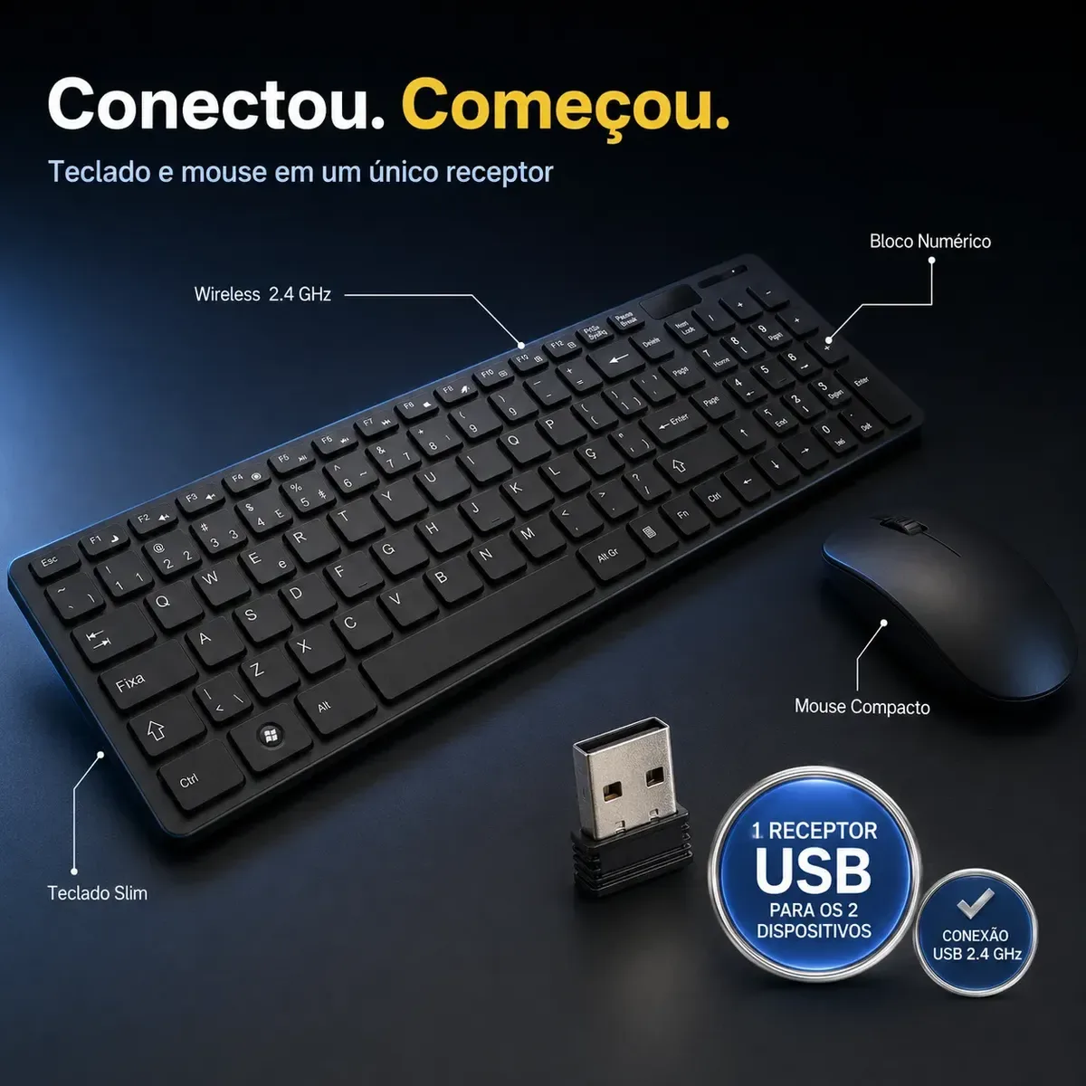 Kit teclado e mouse sem fio USB, receptor único 2.4 GHz, design slim para PC.