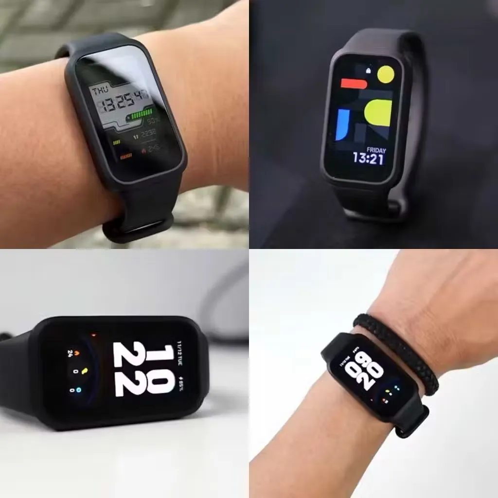 Mosaico com quatro imagens de uma smartband preta exibindo diferentes mostradores digitais coloridos, tanto no pulso quanto apoiada sobre uma superfície.