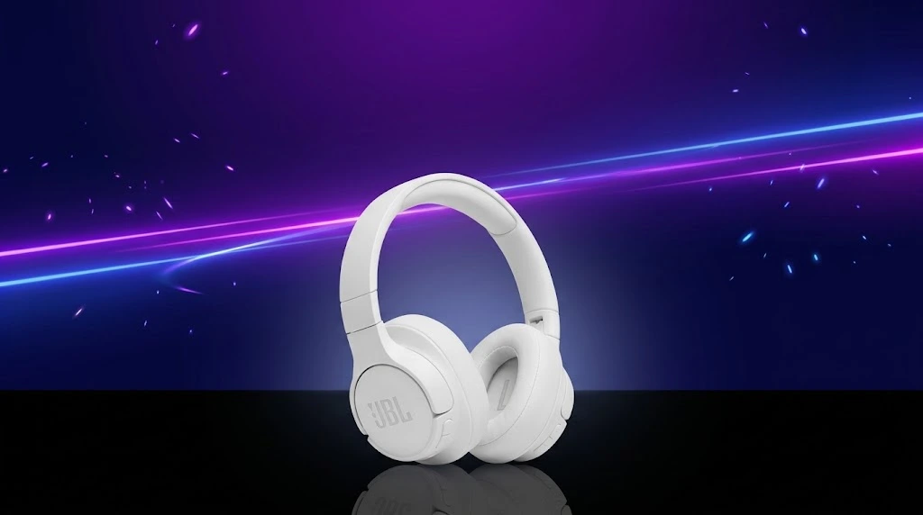 JBL Tune 720BT branco sobre palco escuro neon — hero da análise 2026