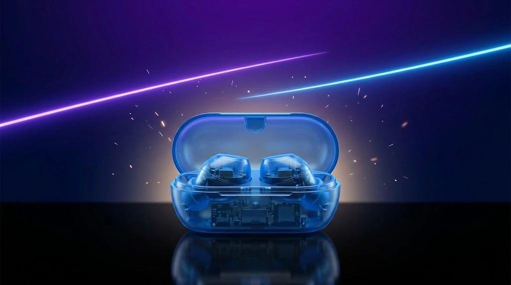 Sony WF-C710N azuis translucidos com estojo em cena hero escura neon, sem texto