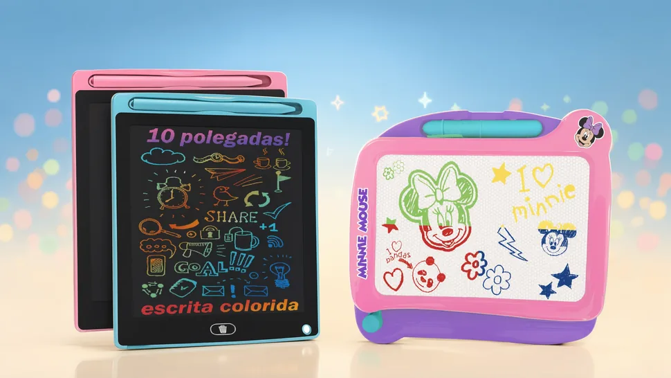 Lousas magicas LCD infantis lado a lado: Tilibra 8,5 polegadas em duas cores e Minnie Disney Baby rosa no suporte