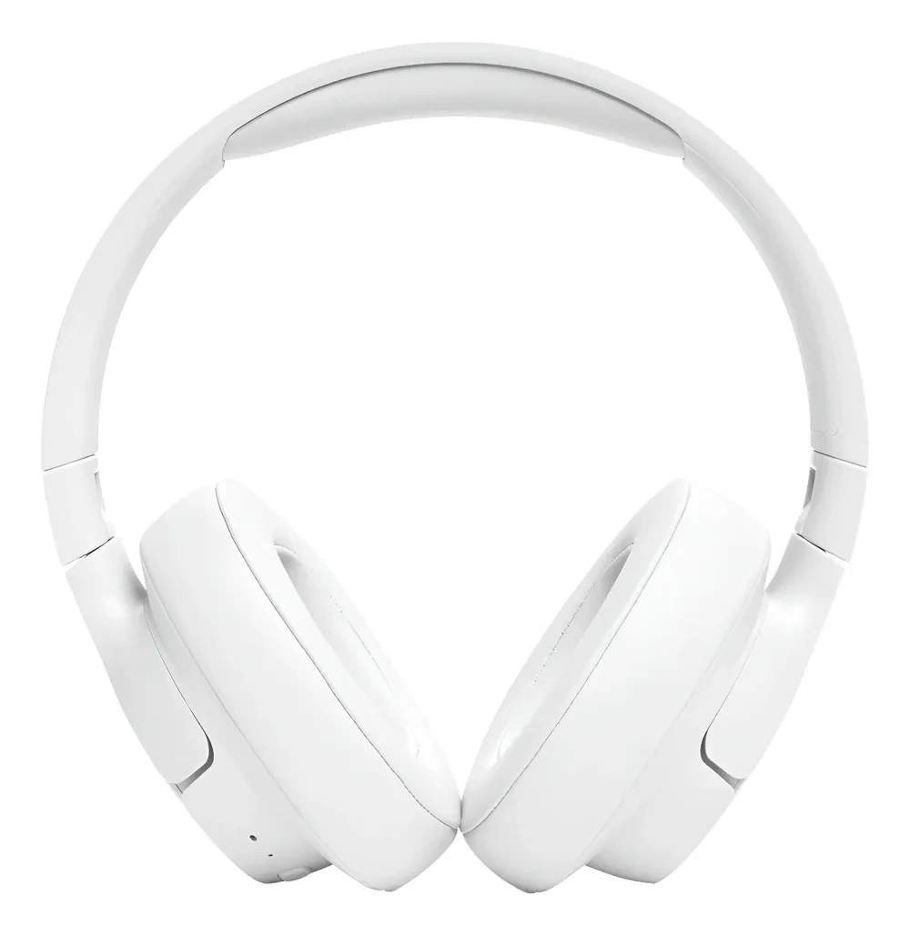 JBL Tune 720BT branco em vista lateral com o logo JBL na concha — seção som