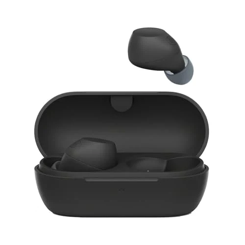 Sony WF-C710N pretos com o estojo compacto sobre fundo branco