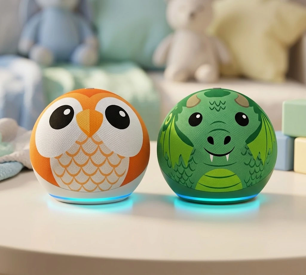Echo Dot Kids 5a geracao coruja e dragao com anel de luz azul em quarto infantil