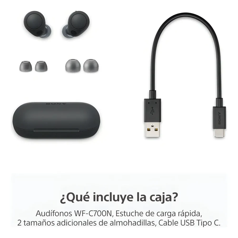 Kit do WF-C700N preto: fones, estojo, pontas extras e cabo USB-C — foto do anúncio Mercado Livre