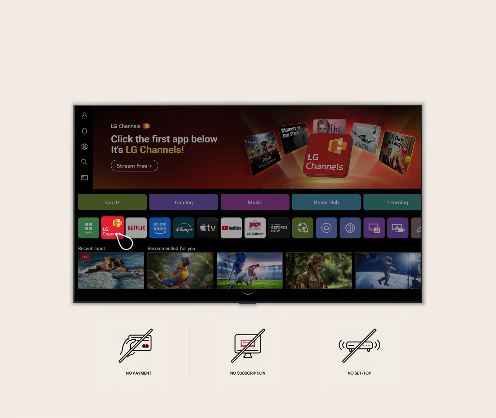 Interface do LG Channels na Smart TV LB650, destacando entretenimento gratuito