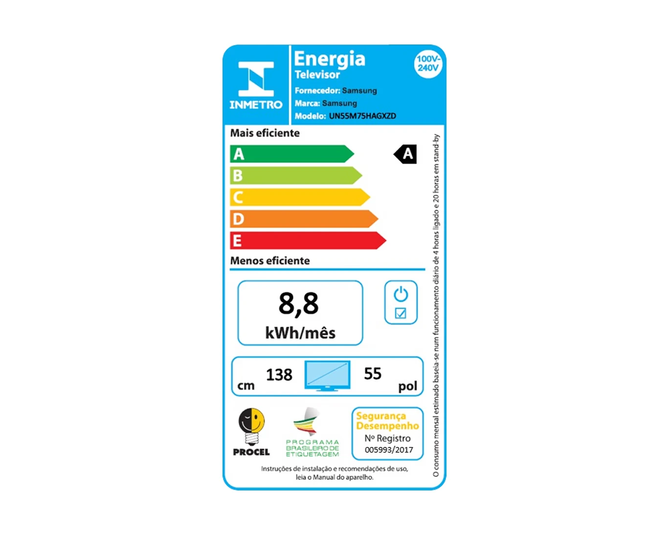 Etiqueta de Eficiência Energética INMETRO da Samsung M75H — classificação A (baixo consumo)