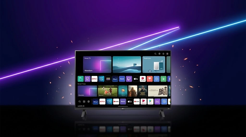 Smart TV LG LB650 32 polegadas (32LB650BPSA) ligada, exibindo a interface webOS 26