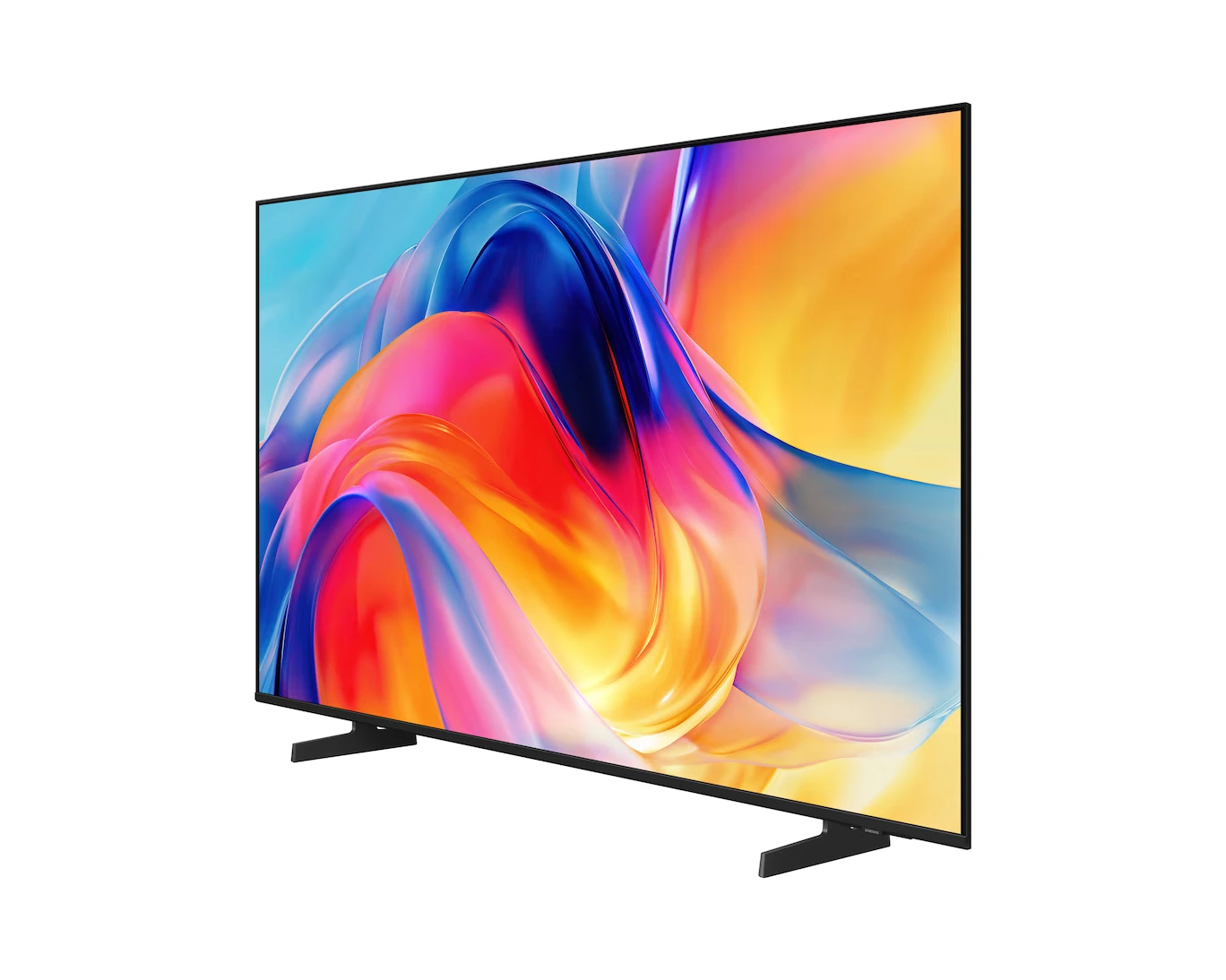 Perspectiva lateral da Samsung TV 55 polegadas M75H mostrando profundidade do painel e suporte preto