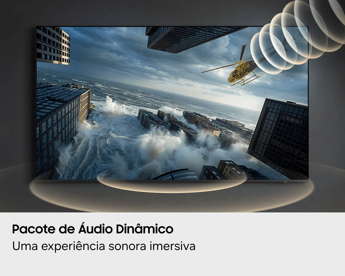 Visualização do Pacote Áudio Dinâmico da Samsung com esquema de posicionamento de alto-falantes e som em movimento virtual 3D