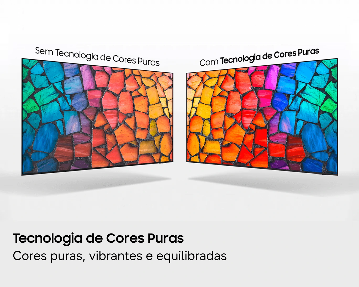 Comparativo de renderização de cores: Samsung M75H com calibração padrão versus modo Cinema — demonstração de diferenças de cor